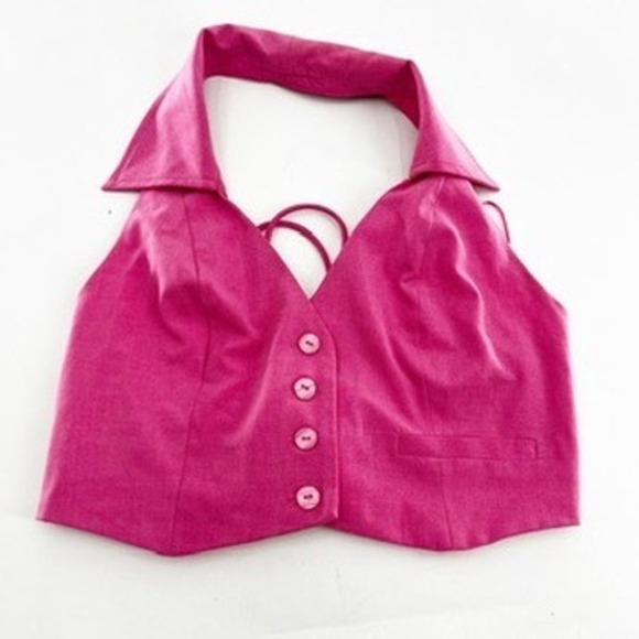 Bershka Tops - Bershka Womens Hot Pink Halter Neck Waistcoat Lace Up Back Cropped Vest Size M